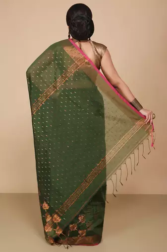 Green  Cotton Leaf Design Sarees with Jacquard Work with Blouse Piece 