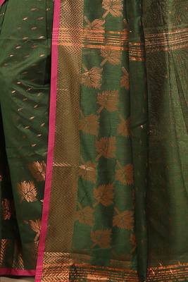Green  Cotton Leaf Design Sarees with Jacquard Work with Blouse Piece  5