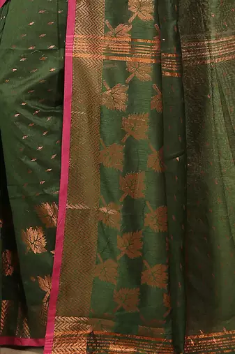 Green  Cotton Leaf Design Sarees with Jacquard Work with Blouse Piece 