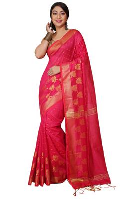 Pink  Cotton Leaf Design Sarees with Jacquard Work with Blouse Piece  1