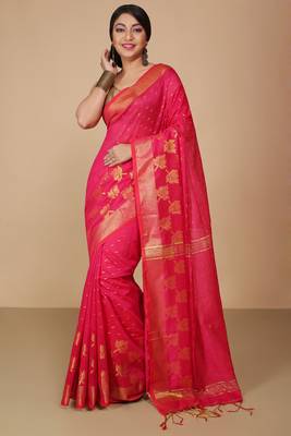 Pink  Cotton Leaf Design Sarees with Jacquard Work with Blouse Piece  2
