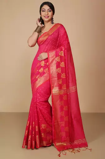 Pink  Cotton Leaf Design Sarees with Jacquard Work with Blouse Piece 