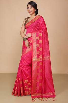 Pink  Cotton Leaf Design Sarees with Jacquard Work with Blouse Piece  3