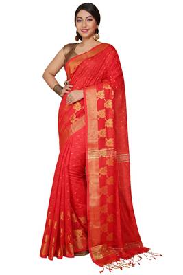 Red  Cotton Leaf Design Sarees with Jacquard Work with Blouse Piece  1