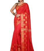 Red  Cotton Leaf Design Sarees with Jacquard Work with Blouse Piece 
