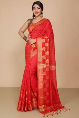Red  Cotton Leaf Design Sarees with Jacquard Work with Blouse Piece  2