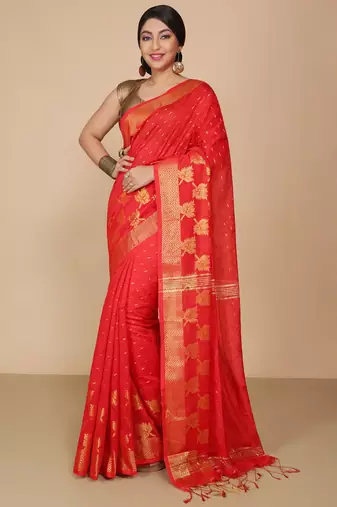 Red  Cotton Leaf Design Sarees with Jacquard Work with Blouse Piece 