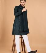 Green viscose silk thread & sequins embroidered work wedding festival marriage party wear straight kurta with dupatta