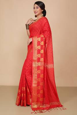 Red  Cotton Leaf Design Sarees with Jacquard Work with Blouse Piece  3
