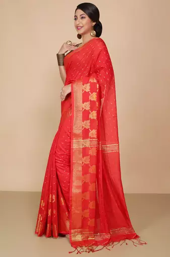 Red  Cotton Leaf Design Sarees with Jacquard Work with Blouse Piece 