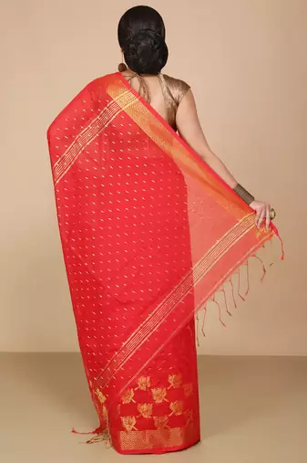 Red  Cotton Leaf Design Sarees with Jacquard Work with Blouse Piece 