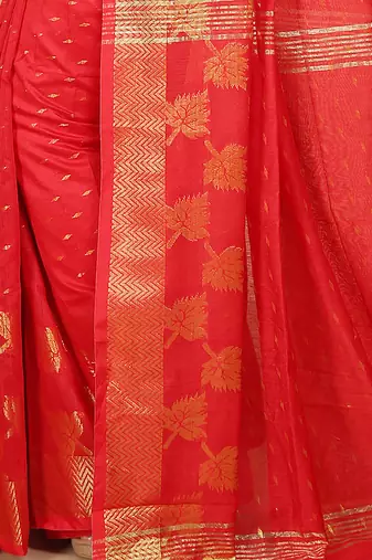 Red  Cotton Leaf Design Sarees with Jacquard Work with Blouse Piece 