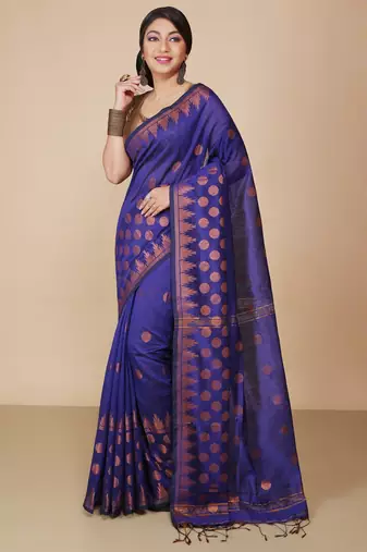 Blue Woven Handloom ball design  Cotton Saree 