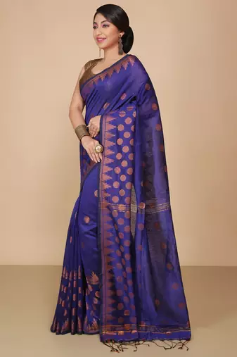 Blue Woven Handloom ball design  Cotton Saree 