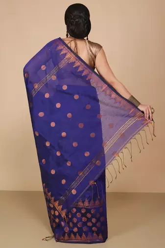 Blue Woven Handloom ball design  Cotton Saree 