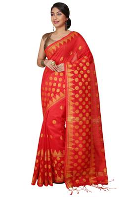 Red Woven Handloom ball design  Cotton Saree  1