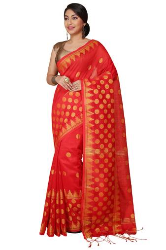 Red Woven Handloom ball design  Cotton Saree 