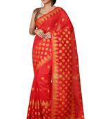 Red Woven Handloom ball design  Cotton Saree 