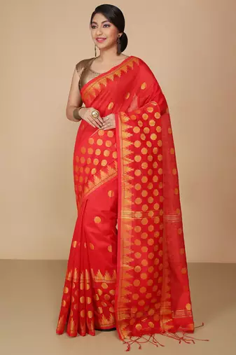 Red Woven Handloom ball design  Cotton Saree 