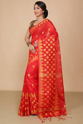 Red Woven Handloom ball design  Cotton Saree  3