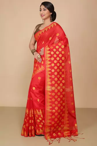 Red Woven Handloom ball design  Cotton Saree 