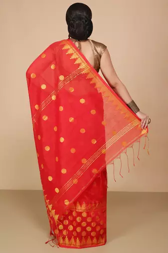 Red Woven Handloom ball design  Cotton Saree 