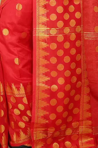 Red Woven Handloom ball design  Cotton Saree 