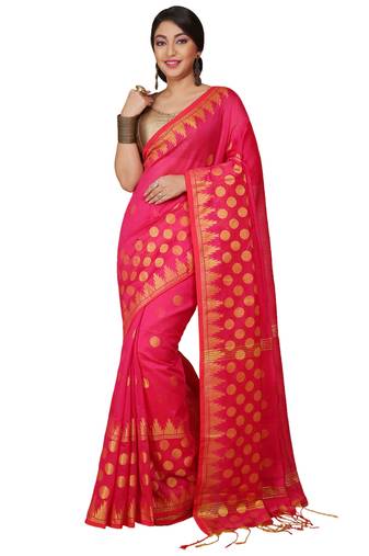 Pink Woven Handloom ball design  Cotton Saree 