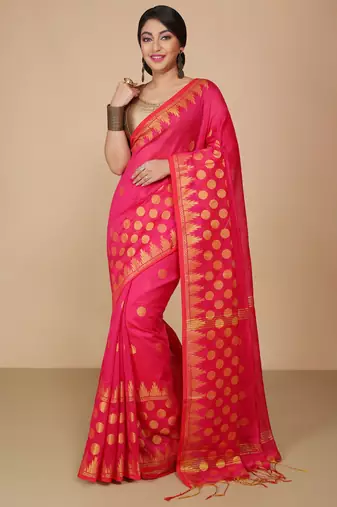 Pink Woven Handloom ball design  Cotton Saree 