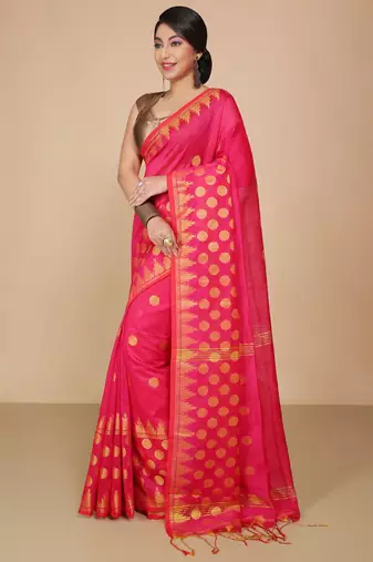 Pink Woven Handloom ball design  Cotton Saree 