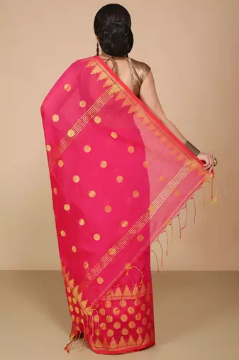 Pink Woven Handloom ball design  Cotton Saree 
