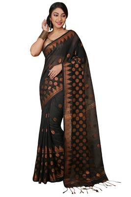 Black Woven Handloom ball design  Cotton Saree  1