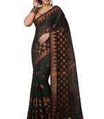 Black Woven Handloom ball design  Cotton Saree 