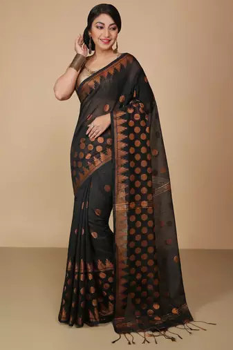 Black Woven Handloom ball design  Cotton Saree 