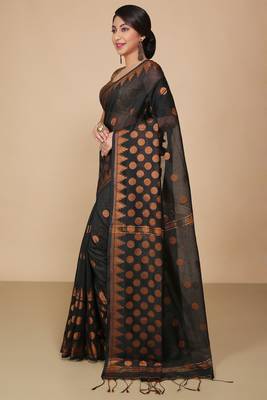 Black Woven Handloom ball design  Cotton Saree  3