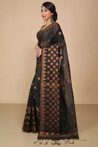 Black Woven Handloom ball design  Cotton Saree 