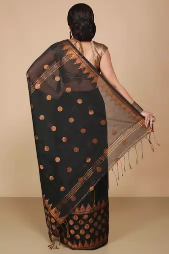 Black Woven Handloom ball design  Cotton Saree 