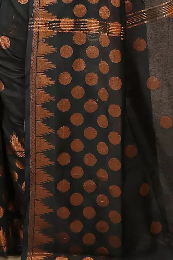 Black Woven Handloom ball design  Cotton Saree 