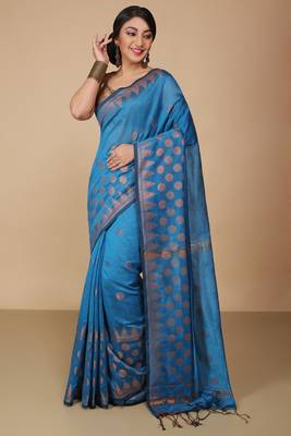 Turquoise Woven Handloom ball design  Cotton Saree  2