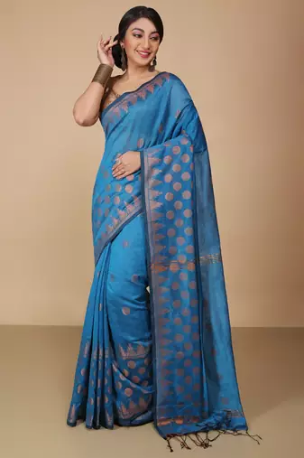 Turquoise Woven Handloom ball design  Cotton Saree 