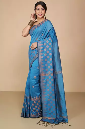 Turquoise Woven Handloom ball design  Cotton Saree 