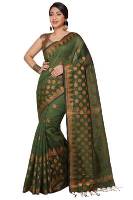 Green Woven Handloom ball design  Cotton Saree  1