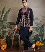 Black viscose silk thread embroidered with swarovski work wedding festival party wear straight kurta with jacket