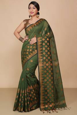Green Woven Handloom ball design  Cotton Saree  2