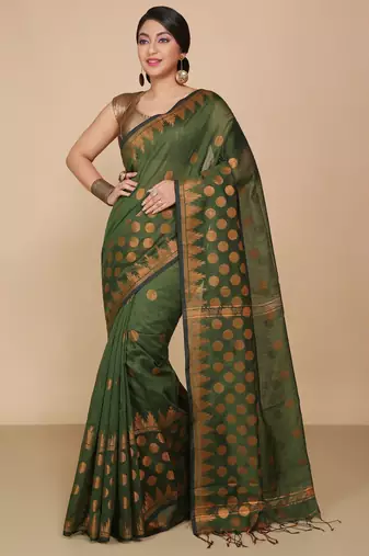 Green Woven Handloom ball design  Cotton Saree 