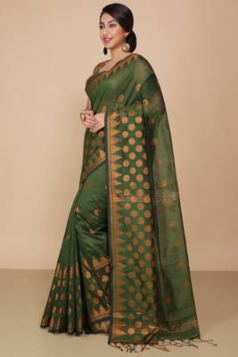 Green Woven Handloom ball design  Cotton Saree  3