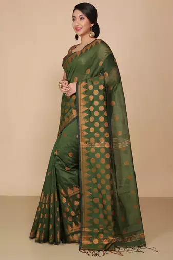 Green Woven Handloom ball design  Cotton Saree 