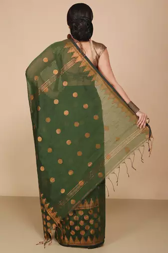 Green Woven Handloom ball design  Cotton Saree 