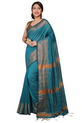 Light Sea Green Zari Border Checked Cotton zori Blend Saree  1