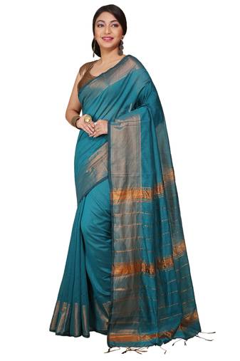 Light Sea Green Zari Border Checked Cotton zori Blend Saree 